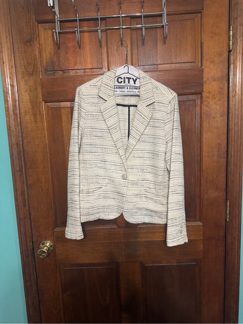 CAbi White & Black Woven Tweed Open Jacket